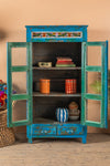 Blue Vintage Cabinet with Painted Glass <p>W:76cm D:47cm H:143cm </p>