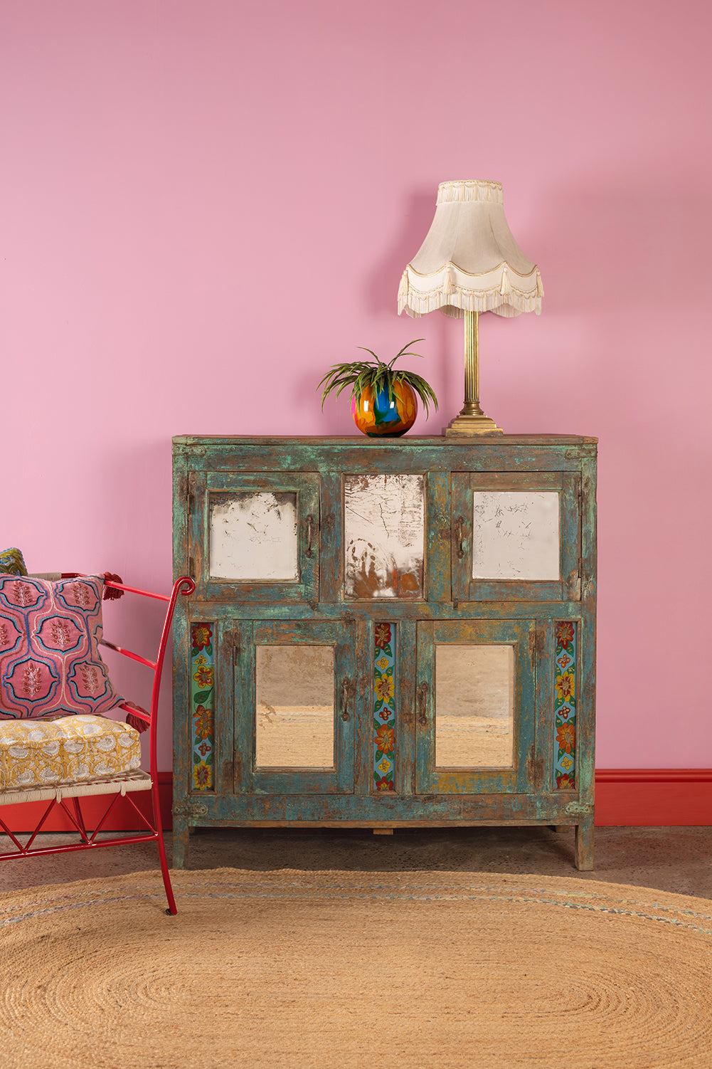 Vintage Blue Sideboard with Mirrors <p>W:116cm D:42cm H:120cm </p>