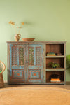 Light Blue Vintage Carved Cupboard & Shelves <p>W:175cm D:39cm H:128cm </p>