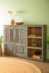 Light Blue Vintage Carved Cupboard & Shelves <p>W:175cm D:39cm H:128cm </p>