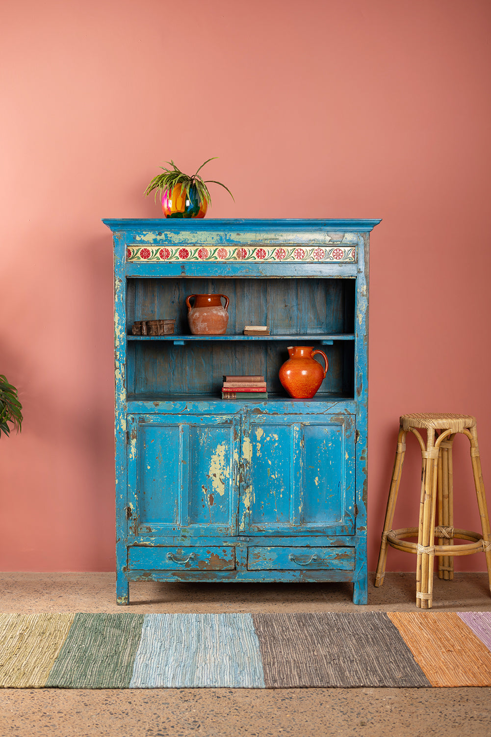 Vintage Blue Cupboard & Shelves with Tiles <p>W:110cm D:51cm H:156cm </p>