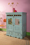 Pale Blue Vintage Decorated Cupboard <p>W:98cm D:58cm H:124cm </p>