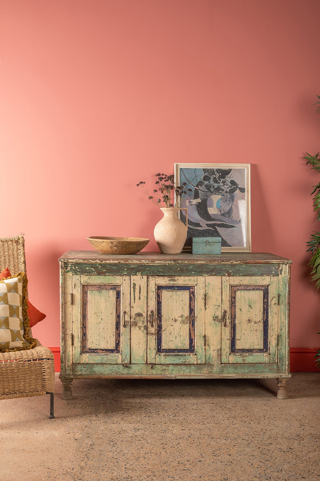 Vintage Pale Yellow & Green Sideboard <p>W:141cm D:61cm H:86cm </p>