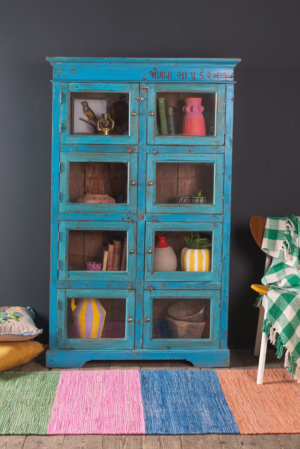Vintage Blue Showcase Cabinet <p>W:98cm D:29cm H:160cm </p>