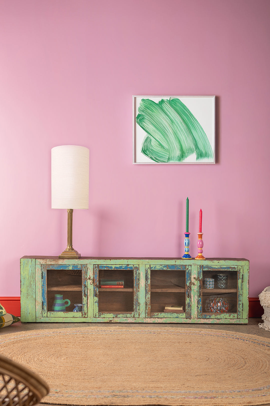 Vintage Light Green & Blue Wall Showcase <p>W:186cm D:22cm H:54cm </p>