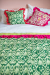 Green Ikat & Pink Frills Kantha Bed Cover