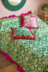 Green Ikat & Pink Frills Kantha Bed Cover