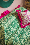 Green Ikat & Pink Frills Kantha Bed Cover