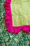 Green Ikat & Pink Frills Kantha Bed Cover