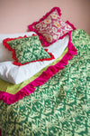 Green Ikat & Pink Frills Kantha Bed Cover