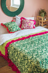 Green Ikat & Pink Frills Kantha Bed Cover