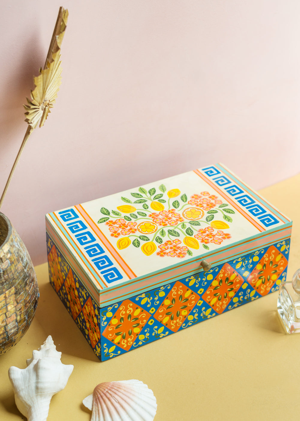 Blue and Orange Lemons Hand Painted Storage Box