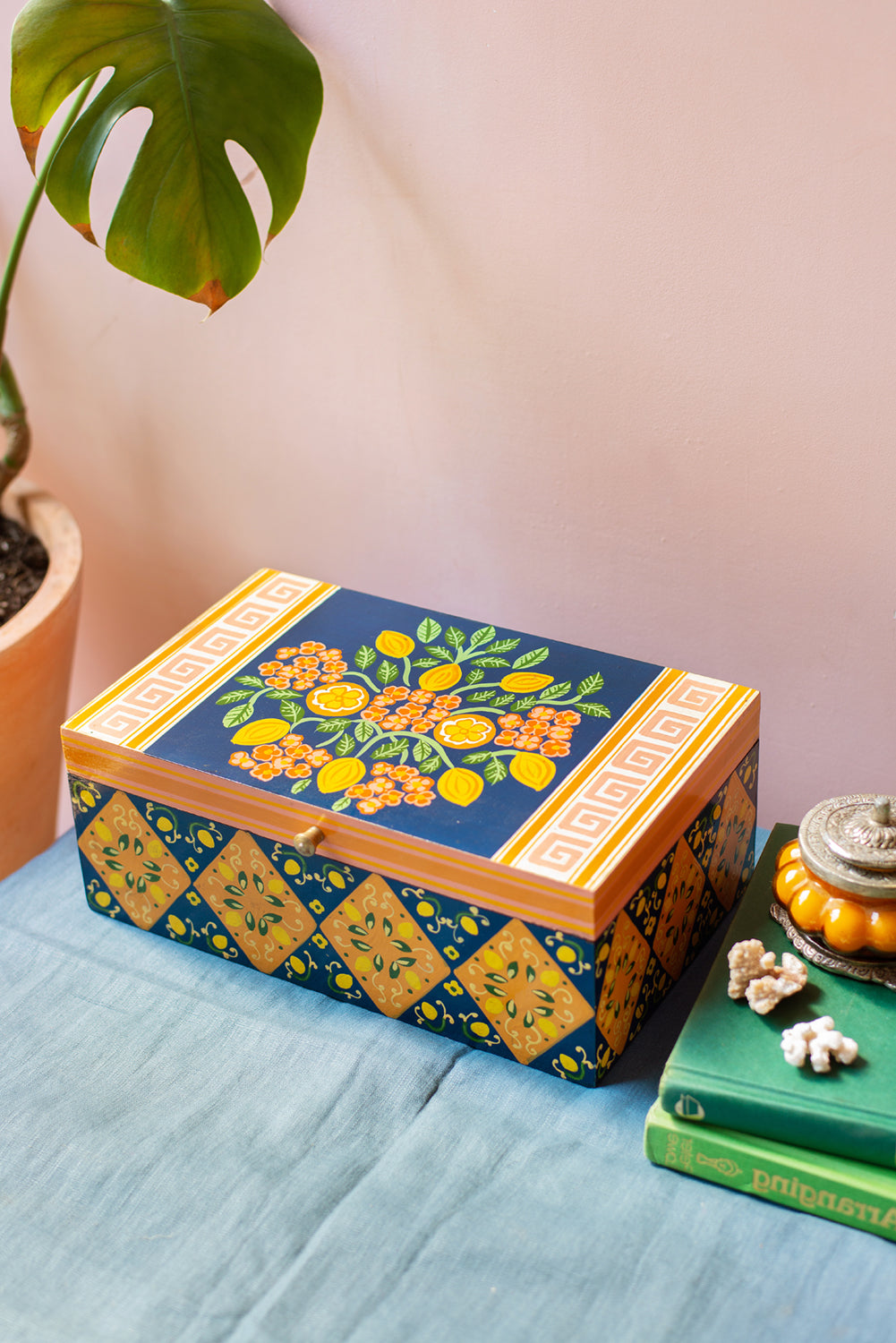 Navy Lemons Hand Painted Storage Box
