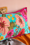 Turquoise Floral Embroidered Cushion Cover