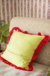 Green Ikat & Red Frills Kantha Cushion Cover