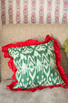 Green Ikat & Red Frills Kantha Cushion Cover