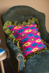 Fuchsia & Blue Ikat & Olive Green Frills Kantha Cushion Cover