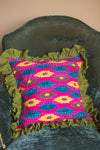 Fuchsia & Blue Ikat & Olive Green Frills Kantha Cushion Cover