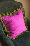 Fuchsia & Blue Ikat & Olive Green Frills Kantha Cushion Cover