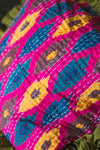 Fuchsia & Blue Ikat & Olive Green Frills Kantha Cushion Cover