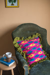Fuchsia & Blue Ikat & Olive Green Frills Kantha Cushion Cover