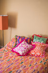 Fuchsia & Blue Ikat & Olive Green Frills Kantha Cushion Cover