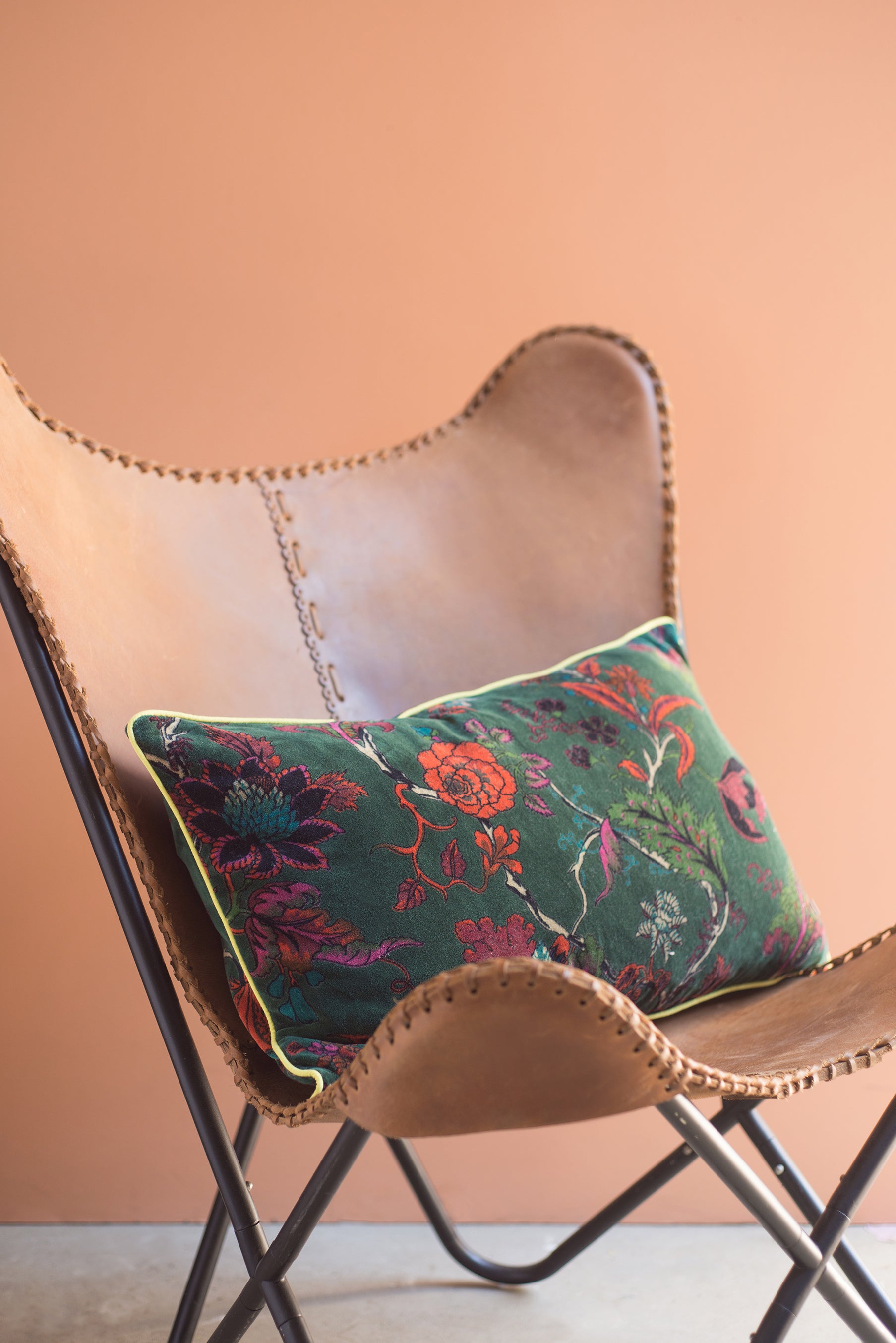 Bayberry Green Floral Cotton Velvet Cushion Cover