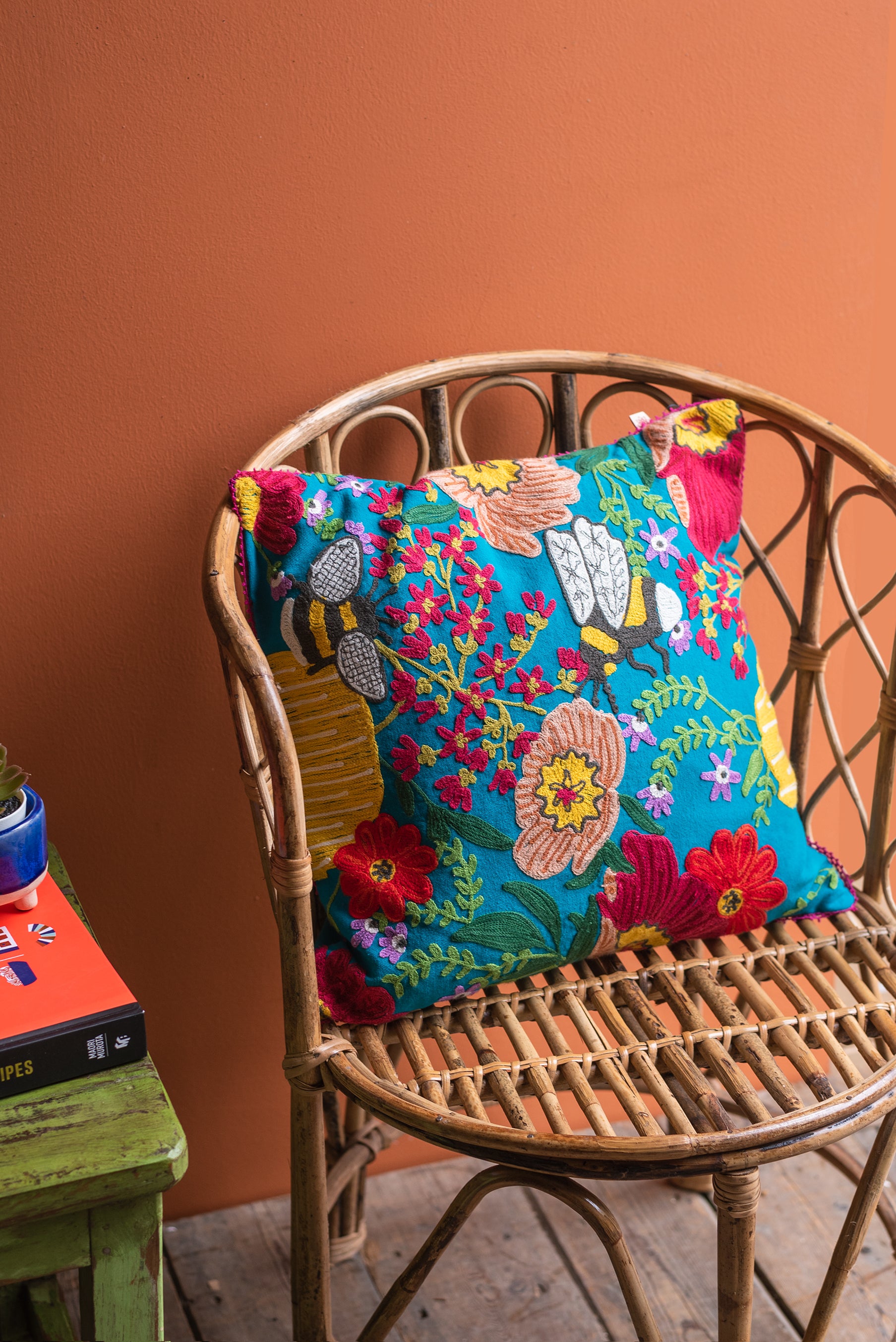 Embroidered Flowers & Bees Cotton Cushion Cover