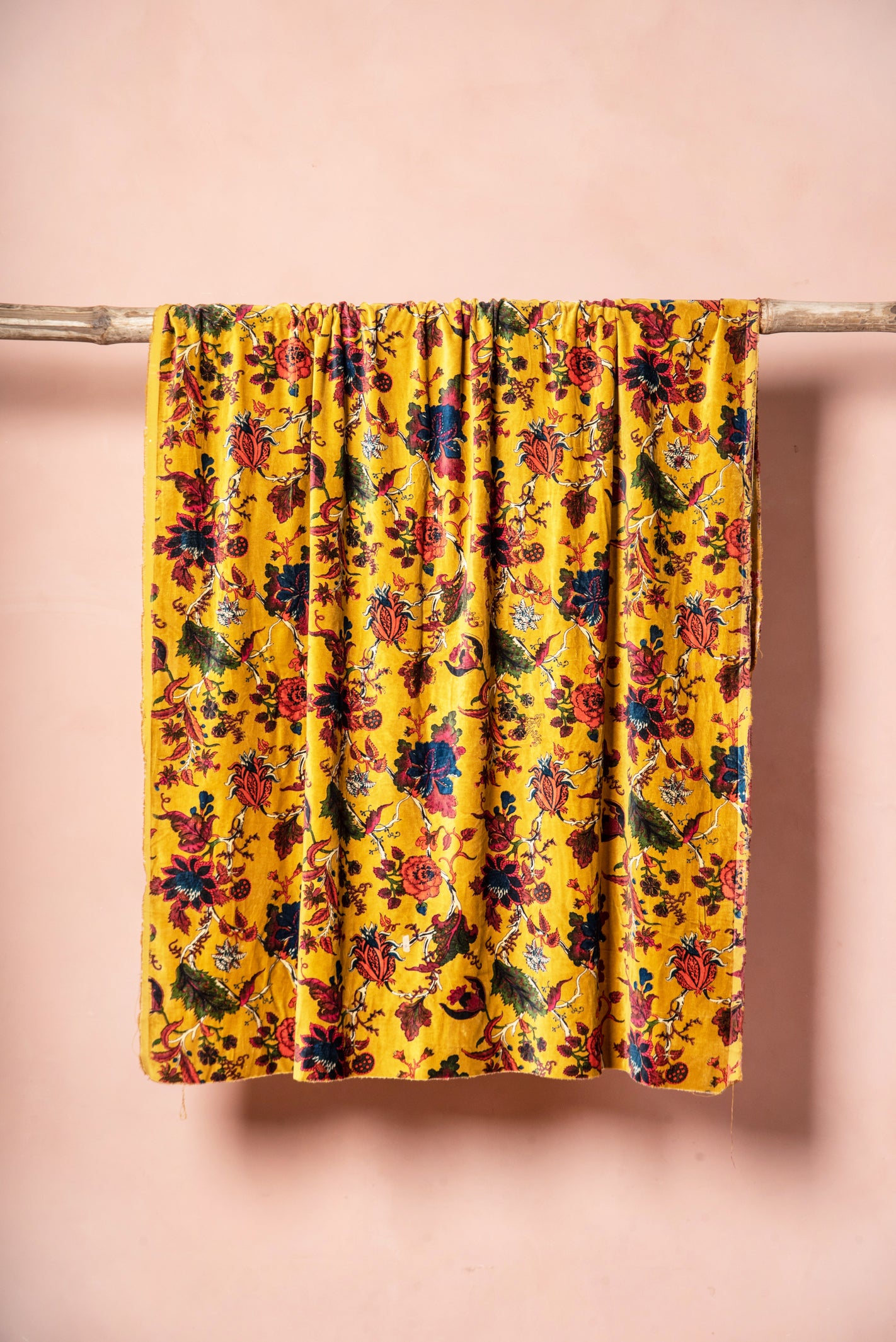 Mustard Tree of Life Velvet Fabric by the Metre