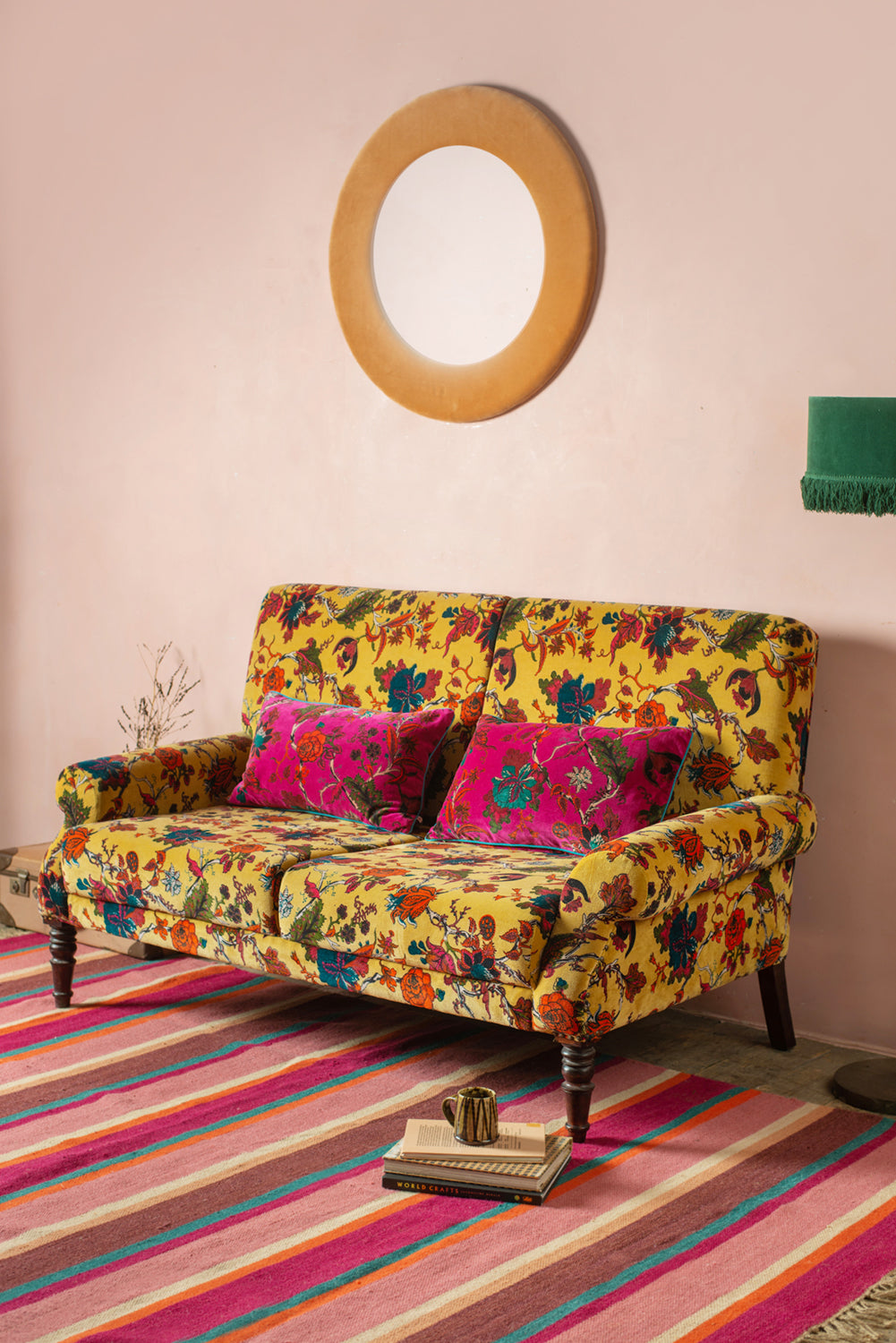 Mustard Tree of Life Floral Cotton Velvet Two Seater Sofa