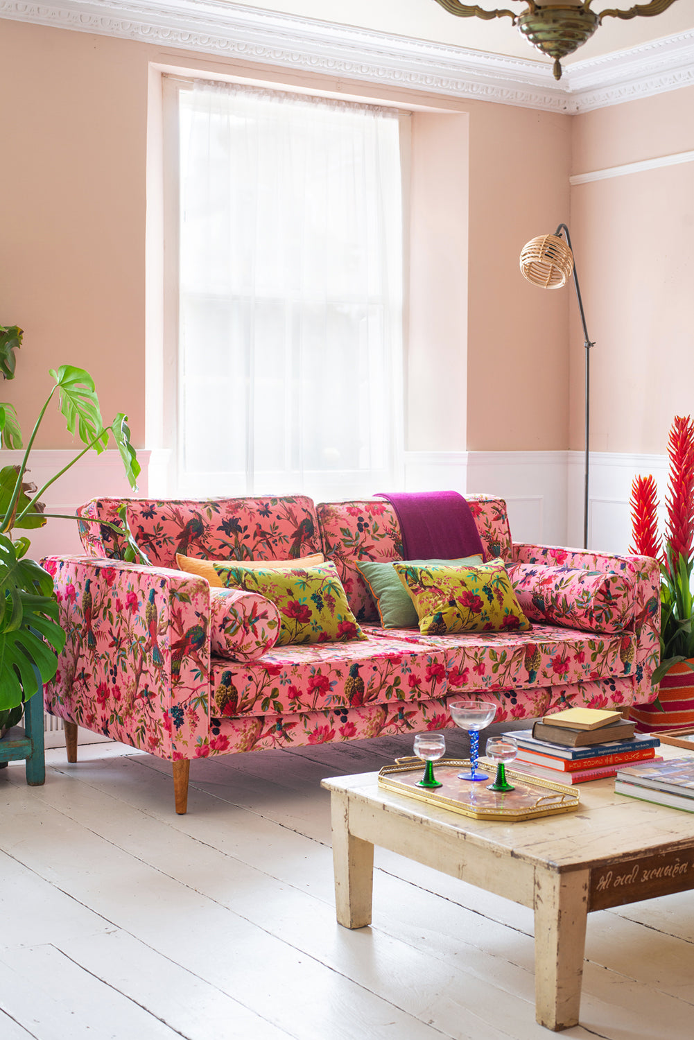 Milla Pink Bird of Paradise Velvet Sofa