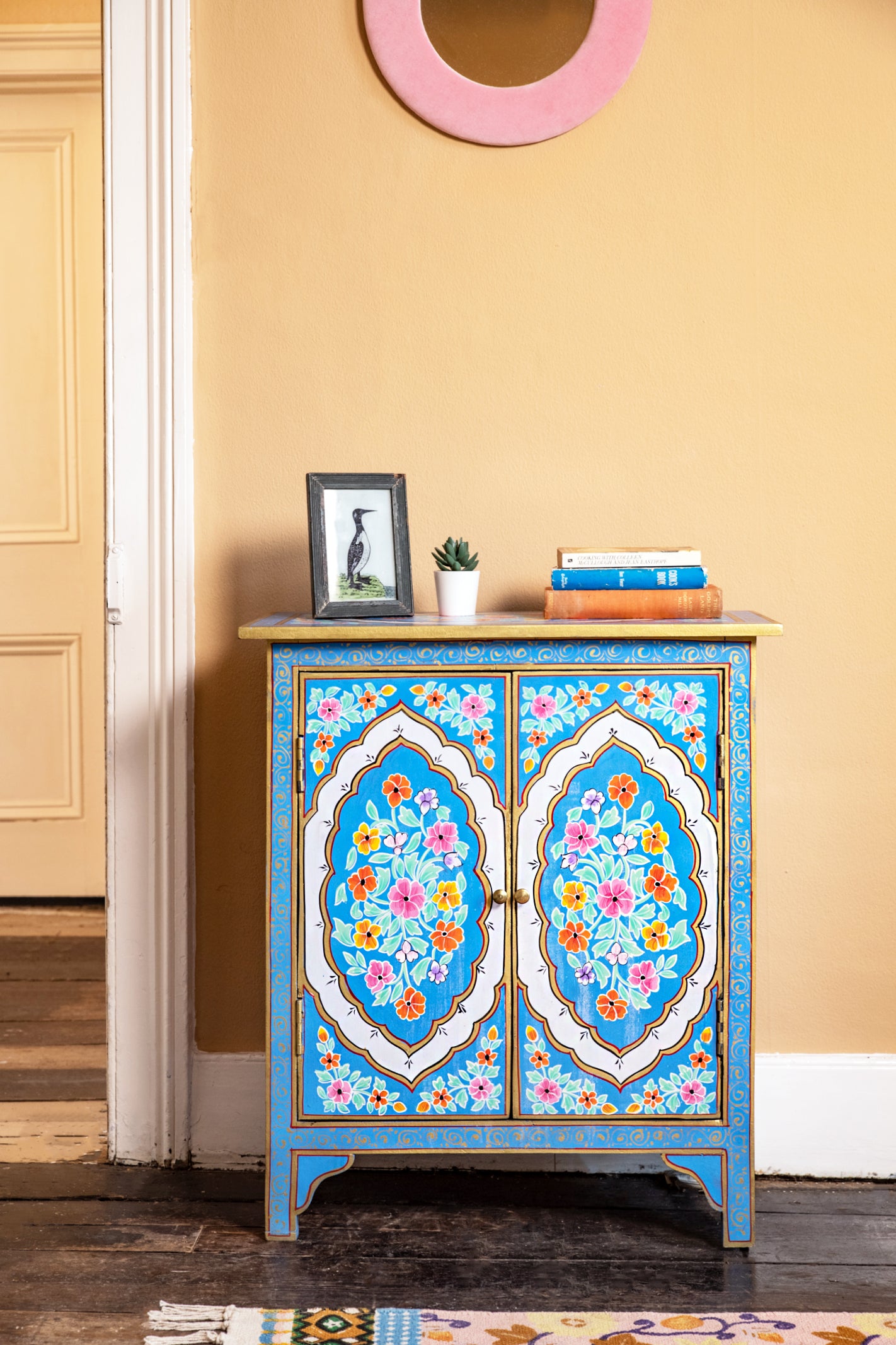 Blue Floral Hand Painted Wooden Cabinet