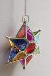 Multi Coloured Iron & Glass Hanging Star Lantern