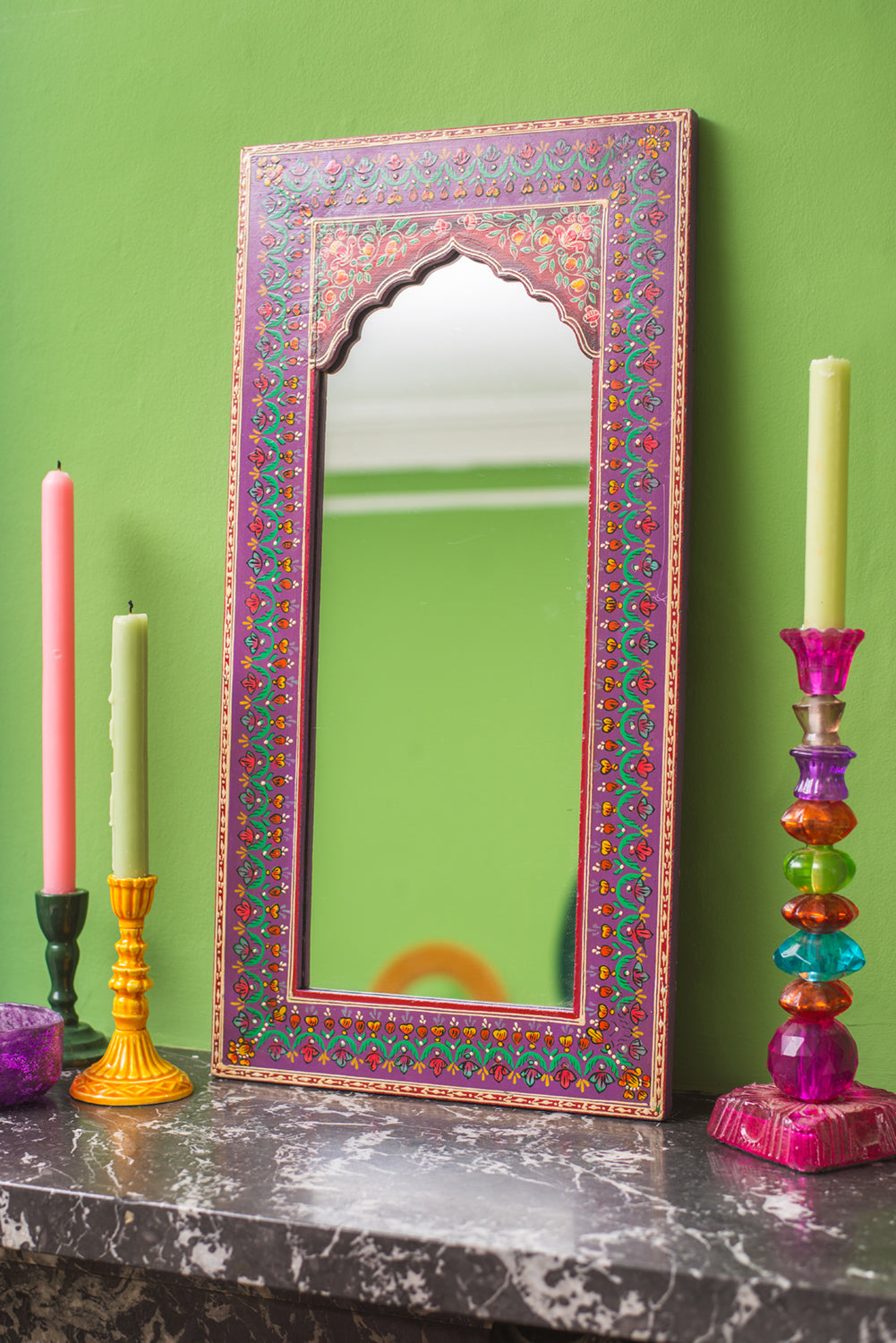 Purple Highly Decorative Arched Wooden Mirror with Mehandi Work (read description)