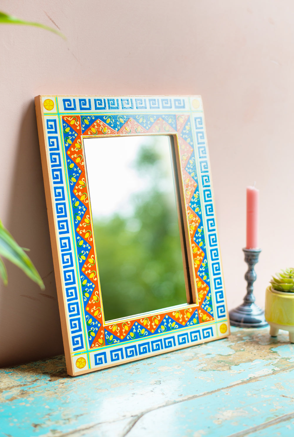 Blue and Orange Lemons Hand Painted Mirror