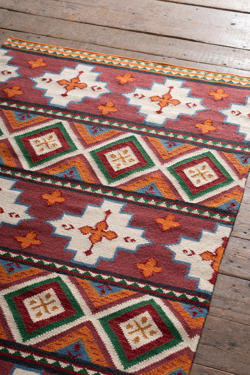 Feuilles Red and Orange Kilim Rug Ian Snow Ltd