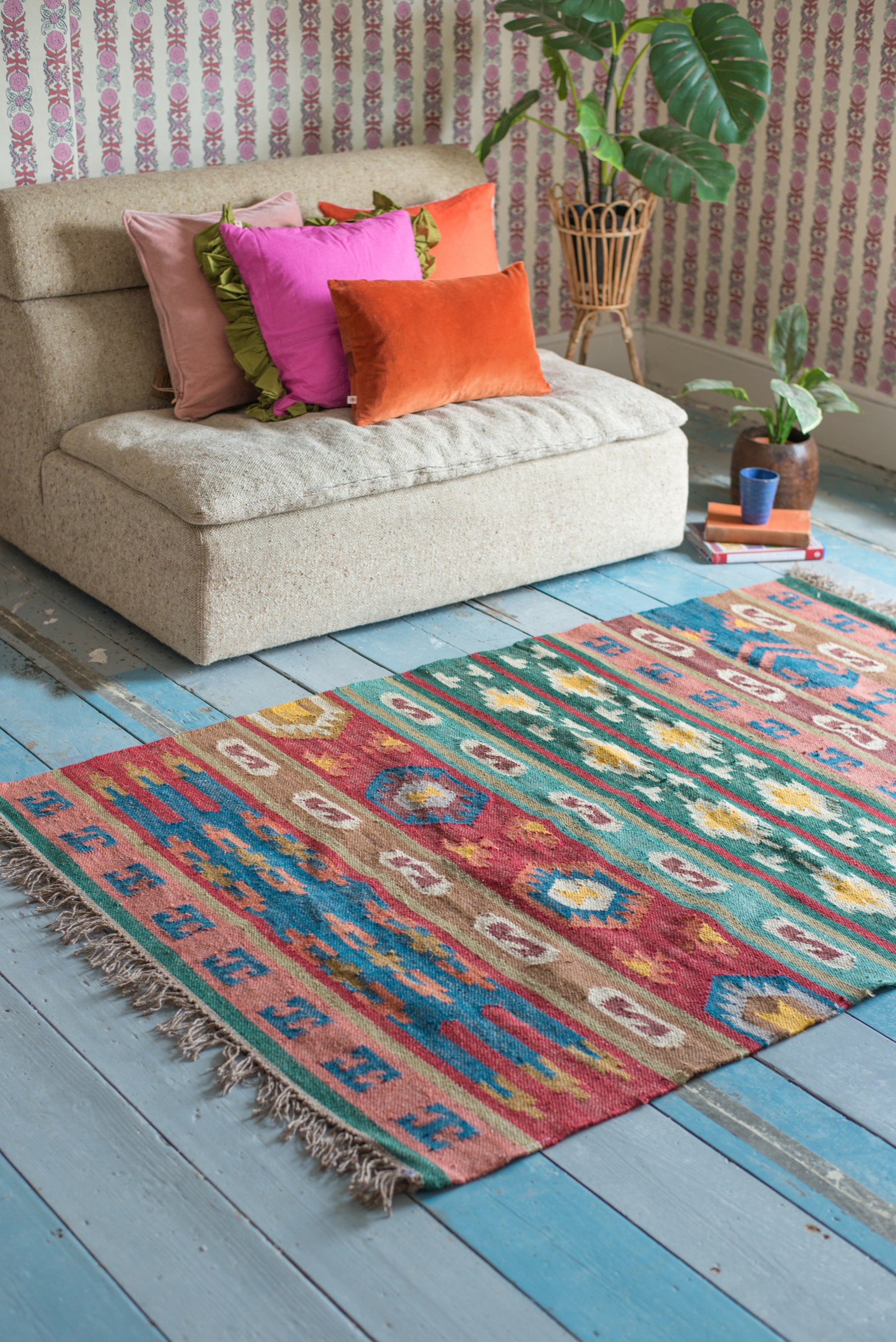Pink & Blue Striped Wool and Jute Rug