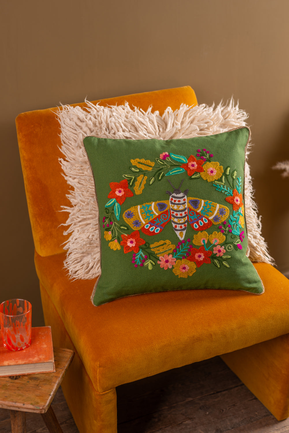 Floral Moth Embroidered Cushion Cover