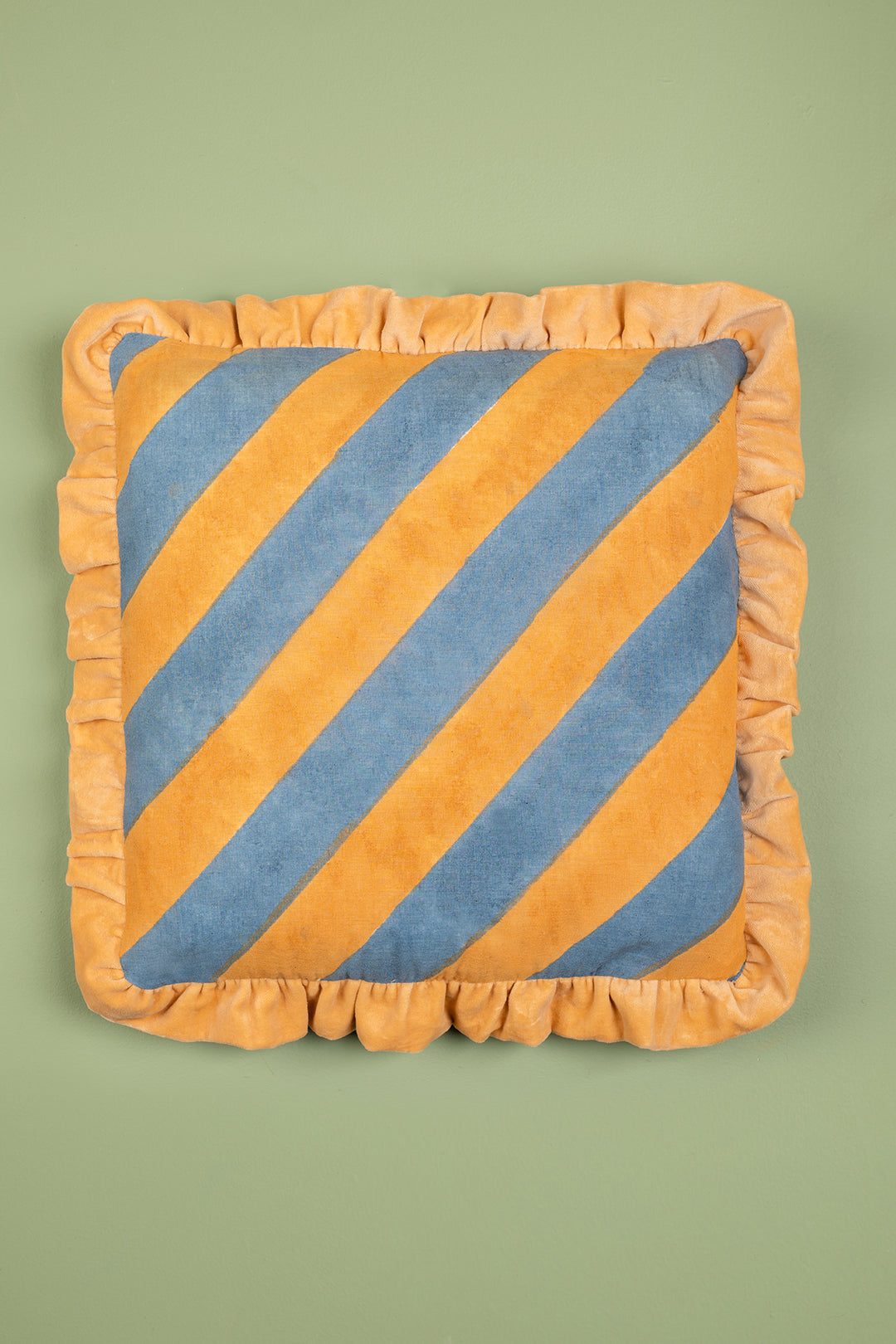 Blue & Yellow Block Print Cotton & Velvet Cushion Cover