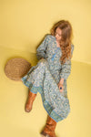 Henrietta Blue & Green Hand Block Printed Cotton Tukdi Dress