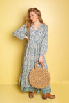 Henrietta Blue & Green Hand Block Printed Cotton Tukdi Dress