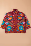 Red Suzani Embroidered Velvet Jacket - 01