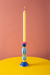 Blue Stripe Hand Painted Wooden Candle Holder
