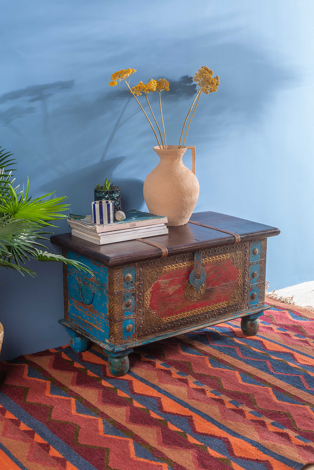 Red and Blue Reclaimed Wooden Chest with Brass Trim