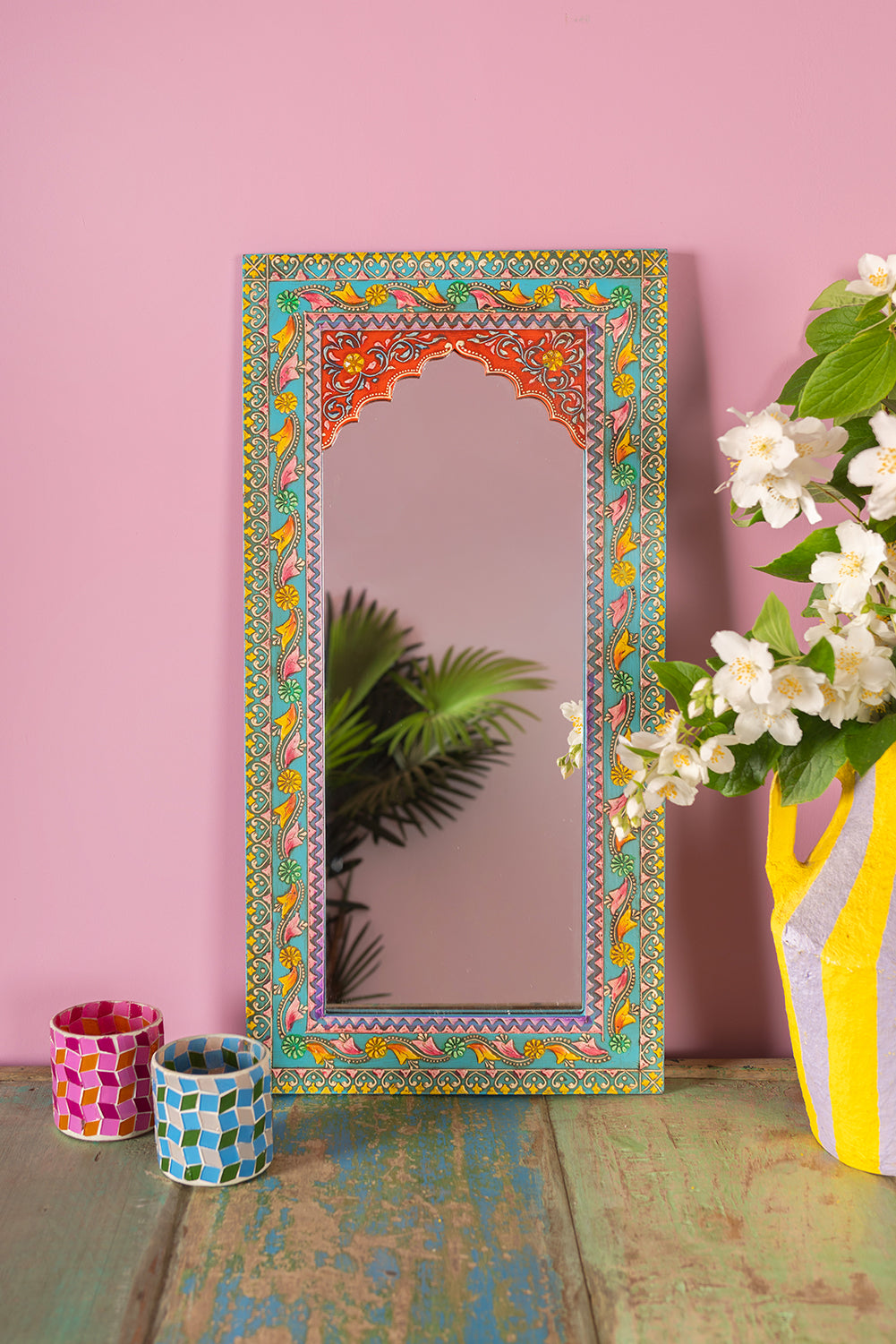 Highly Decorative Arched Wooden Mirror with Mehandi Work