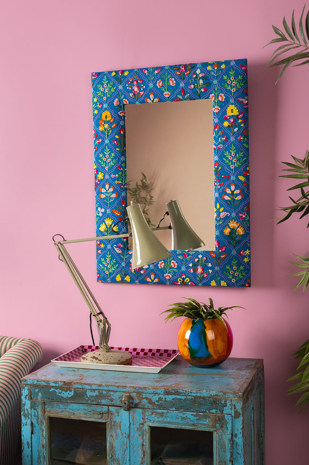 Blue Embroidered Cotton Wall Mirror