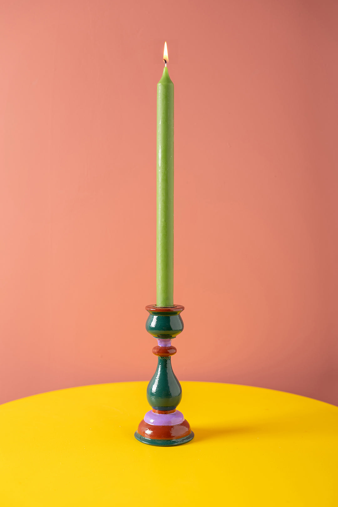 Green & Purple Hand Painted Wooden Candle Holder