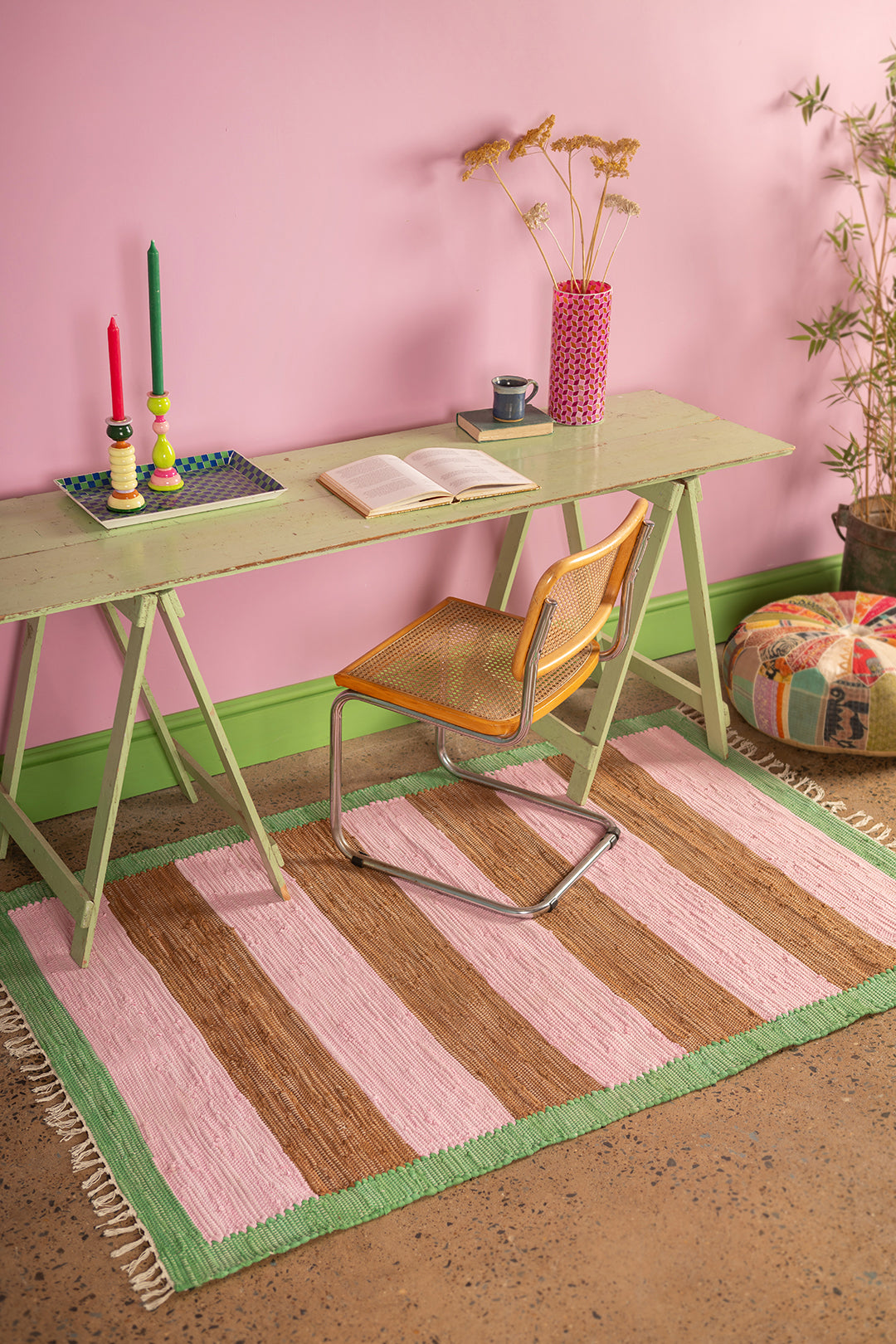 Pink & Ochre Striped Medium Recycled Rug