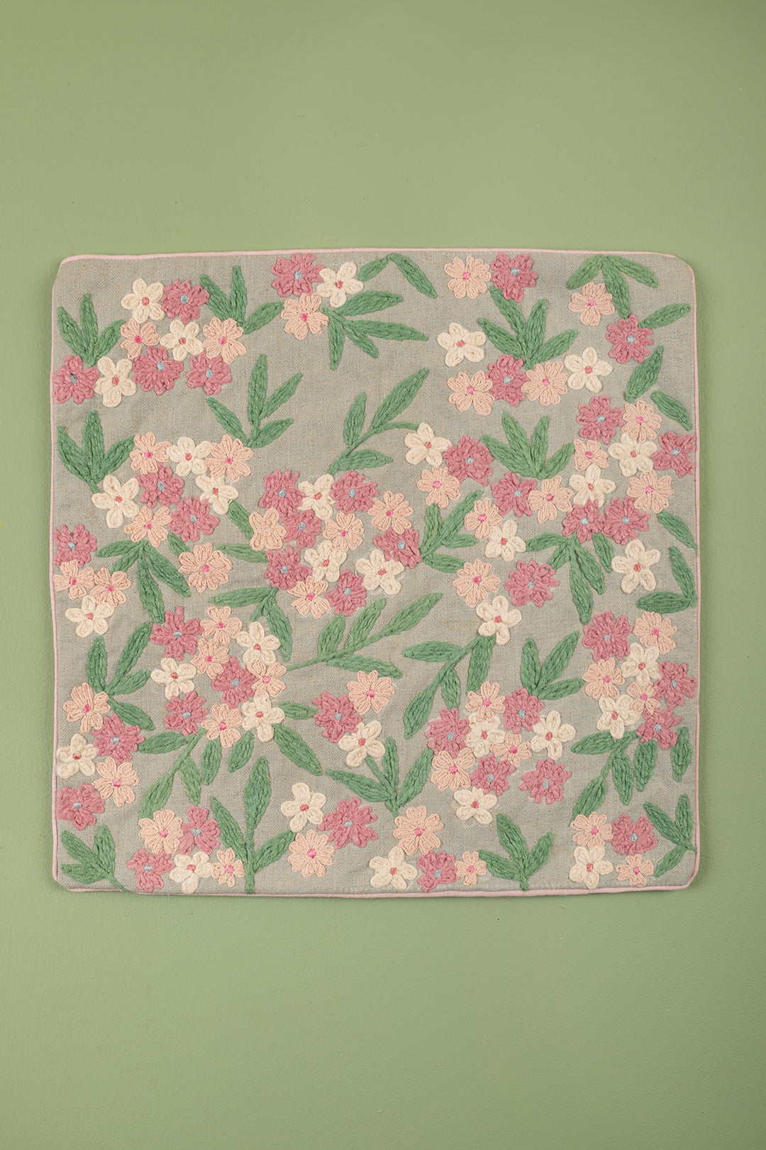 Ex Sample/Seconds Pale Blue with Pink Flowers Embroidered Cushion Cover