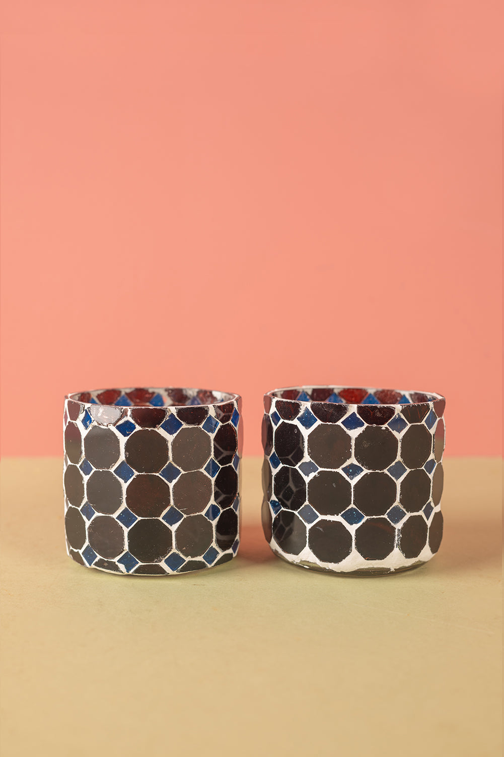 Ex Sample/Seconds Set of Two Brown & Blue Mosaic Glass Votives